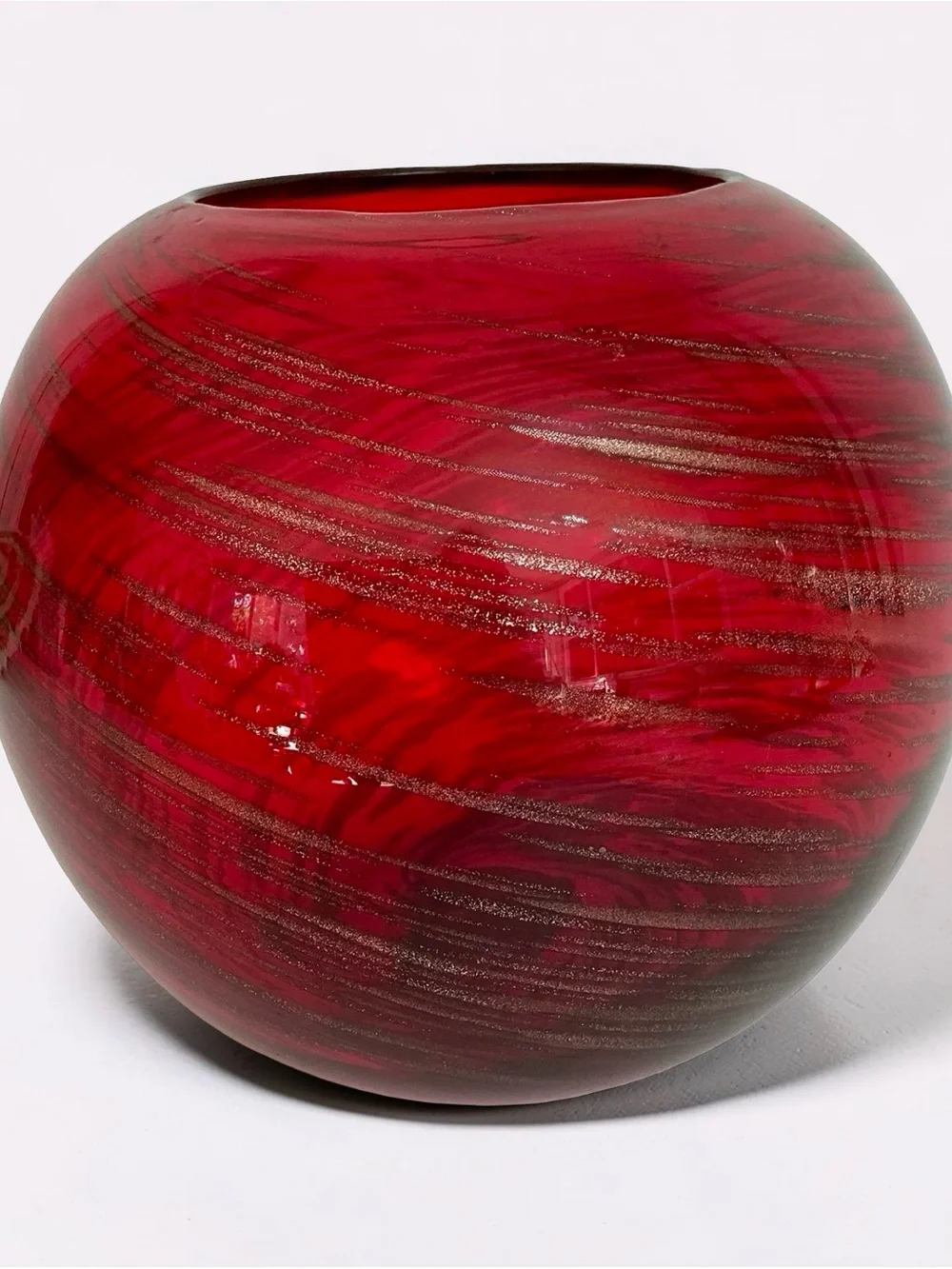 Red Glass Bubble Vase with Gold Swirl Hand Blown 6” Tall